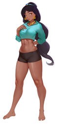 1girls abs aladdin bike_shorts black_hair black_shorts blue_crop_top breasts brown_eyes cheshirrr circlet crop_top disney earrings fit fit_female long_hair looking_at_viewer medium_breasts midriff navel princess_jasmine shorts rating:Questionable score:48 user:medgol