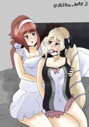 2girls alternate_costume arms_behind_back ball_gag bare_thighs bed blonde_hair bondage bound breast_grab breasts cleavage dress drooling elise_(fire_emblem) female female_only femdom femsub fire_emblem fire_emblem_fates gag groping hairband heavy_breathing indoors long_hair medium_breasts milla_arts multiple_girls nintendo official_alternate_costume on_bed one-piece_swimsuit open_mouth pink_eyes red_eyes red_hair restrained sakura_(fire_emblem) saliva saliva_trail short_hair sitting small_breasts swimsuit thighs twintails yuri rating:Questionable score:6 user:kris923