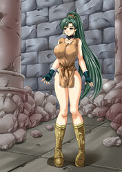 1girls bare_arms black_panties boots breasts collar crying crying_with_eyes_open earrings female female_only femsub fingerless_gloves fire_emblem fire_emblem:_the_blazing_blade frown full_body gloves green_eyes green_hair indoors large_breasts long_hair looking_away lyn_(fire_emblem) nao_takami nintendo panties pelvic_curtain pillar ponytail revealing_clothes slave slave_outfit sleeveless solo standing underwear very_long_hair rating:Questionable score:5 user:kris923