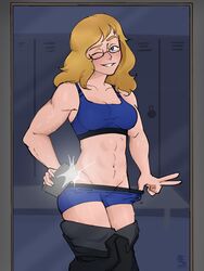 1girls 2022 after_workout aged_up artist_name artist_signature black_pants blonde_hair blue_bra blue_panties blush bra cleavage cuknite32 glasses human_only indoors iris_thompson locker_room long_hair looking_at_viewer mirror mirror_selfie mommy muscular_female pants_down phone raised_eyebrow scp scp-105 scp_foundation selfie smile suggestive_look sweat teasing underwear winking_at_viewer rating:Questionable score:115 user:Vulnar6060