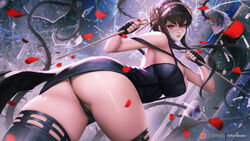 1girls action_pose ass assassin black_hair black_panties black_thong boobs_and_butt_pose breasts broken_glass cameltoe cleavage dress female female_only fingerless_gloves from_behind from_below gloves hairband looking_at_viewer minidress panties red_eyes reflection rose_petals solo spy_x_family stiletto_(weapon) thighhighs thighs thong thorn_princess thorns upskirt weapon windwalker yor_briar rating:Questionable score:100 user:AbsoluteTerritory