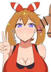 1boy 1girls after_fellatio after_oral alternate_breast_size blue_eyes breasts brown_hair censored chewing chewing_cum cleavage cum cum_chewing cum_in_mouth cum_worship dd_(artist) femsub hair_ornament hair_ribbon large_breasts looking_at_viewer maledom may_(pokemon) may_(pokemon_oras) oral penis pokemon pokemon_oras presenting_mouth pubes_in_mouth pubic_hair short_hair stray_pubic_hair sweat v rating:Explicit score:75 user:Disastermaster55