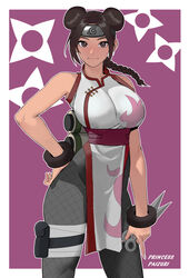 1girls bandaged_leg bandages braid braided_ponytail brown_eyes brown_hair busty china_dress chinese_clothes cleavage double_bun female female_only fishnet_pantyhose fishnets fully_clothed hair_bun hairband holding_object holding_weapon huge_breasts kunai kunoichi looking_at_viewer minidress naruto naruto:_the_last naruto_(series) naruto_shippuden ninja no_underwear pantyhose princess_paizuri revealing_clothes sash scroll skimpy skimpy_clothes slq smile solo solo_focus tenten tied_hair tight_clothing voluptuous weapon wide_hips wrist_cuffs rating:Safe score:243 user:Youmehim