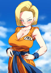 android_18 belt big_breasts blonde_female blonde_hair blue_eyes blush blushing cleavage deep_cleavage dragon_ball dragon_ball_super dragon_ball_z earrings gi huge_breasts krillin's_gi medium_hair rom short_blonde_hair sky sleeveless solo turtle_school_uniform rating:Questionable score:229 user:FapChamp420