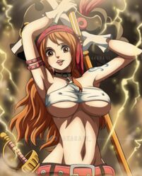 1girls belt big_breasts breasts brown_eyes choker clima-tact crop_top curvy curvy_figure dress electricity feathers female female_only frills gloves halterneck lightning logo long_hair muscles muscular_female nami navel nipple_bulge no_bra one_piece one_piece_film_red orange_hair pirate pirate_hat plume rakara11 short_skirt shoulder_tattoo skimpy skimpy_clothes skirt slim slim_waist solo sword tattoo teeth tricorne tricorne_hat underboob rating:Questionable score:151 user:lespam_605