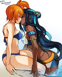 2girls :p arm_support artist_name asymmetrical_hair asymmetrical_hairstyle bare_shoulders belly_chain bent_knees bikini bikini_top blue_bikini blue_bikini_top blue_hair blush chocolate_and_vanilla closed_eyes dark-skinned_female dark_blue_hair dark_skin duo earrings english english_text female female_only french_kiss game_freak gym_leader highlights hoop_earrings in_water interracial interracial_yuri jewelry kasumi_(pokemon) kissing long_hair minacream multicolored_hair multiple_girls nessa_(pokemon) nintendo orange_hair partially_submerged piercing pokemon pokemon_(game) pokemon_rgby pokemon_ss ponytail pool short_hair side_ponytail simple_background sitting sports_bikini swimsuit text tied_hair tongue trait_connection two-tone_hair very_long_hair wading water wet yuri rating:Questionable score:179 user:Misty_lover