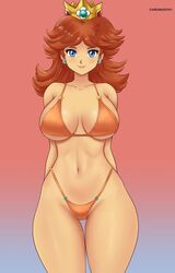 1girls arms_behind_back big_breasts bikini blue_eyes breasts brown_hair busty child_bearing_hips chronosth1 cleavage earrings female female_only flower_earrings gummslime highres hips jewelry large_breasts legs lipstick looking_at_viewer makeup mario_(series) navel nintendo orange_bikini princess princess_daisy sensual short_hair smile standing swimsuit thick_thighs thigh_gap thighs thong_bikini voluptuous rating:Questionable score:98 user:spk120