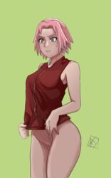 aldwelter almost_naked bare_arms bare_legs bare_shoulders bare_thighs bottomless bottomless_female female female_only green_eyes half-dressed legs_together long_hair mostly_clothed naruto naruto_(series) naruto_shippuden nervous nervous_face nervous_sweat no_panties nopan partially_clothed pink_hair sakura_haruno shirt shirt_only shoulder_length_hair sleeveless sleeveless_shirt solo solo_focus standing sweat sweatdrop rating:Explicit score:92 user:Youmehim