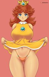 1girls big_breasts blue_eyes breasts brown_hair busty child_bearing_hips chronosth1 clothes_lift crown dress dress_lift earrings female female_only flower_earrings gummslime highres jewelry large_breasts legs lifted_by_self lipstick looking_at_viewer makeup mario_(series) mario_tennis navel nintendo presenting princess princess_daisy short_hair skirt skirt_lift smile thick_thighs thighs thong voluptuous rating:Questionable score:97 user:spk120