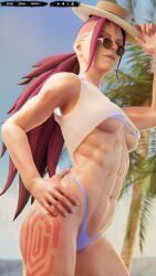  3d abs anti-mage_persona beach belly deathy dota_2 female female_focus female_only glasses hat muscular muscular_female palm_tree red_hair sunlight swimsuit tattoo  rating:explicit score: user:bot