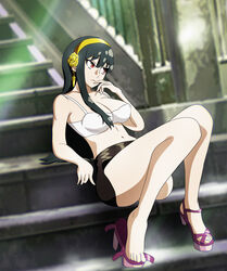 1girls big_breasts black_hair blush breasts cleavage earrings electricshark erect_nipples feet female female_only gold gold_jewelry hairband high_heels huge_breasts light-skinned_female light_skin lingerie long_hair no_panties outdoors outside platform_heels red_eyes spy_x_family thighs underwear yor_briar rating:Questionable score:33 user:LoverSenpai