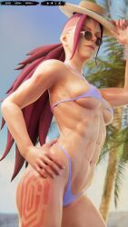  3d abs anti-mage_persona beach belly deathy dota_2 female female_focus female_only glasses hat muscular muscular_female palm_tree red_hair sunlight swimsuit tattoo  rating:explicit score: user:bot