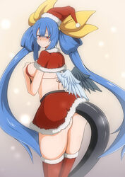 1girls absurdres angel_wings ass asymmetrical_wings back bangs bikini blue_hair blush breast_press breast_squeeze christmas dizzy_(guilty_gear) female fur_trim fuuma_(bangolga1) guilty_gear hair_ribbon half-closed_eyes hand_on_breast hand_on_own_chest hat highres looking_at_viewer looking_back mature_female milf monster_girl red_eyes ribbon santa_costume santa_hat seductive_smile smile swimsuit tail thighhighs thighs twintails wings yellow_ribbon rating:Questionable score:23 user:vagabond512