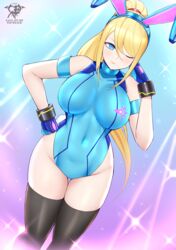 1girls 2022 adapted_costume alternate_breast_size artist_logo artist_signature blonde_hair blue_eyes blue_leotard breasts bunny_ears bunny_girl bunnysuit female female_only hand_on_hip hi_res hips huge_breasts kaos_art leotard long_hair metroid nintendo samus_aran slim_waist thick_thighs thigh_gap thighs wide_hips rating:Questionable score:164 user:ZetaReborn