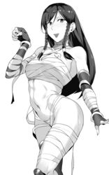 abs alternate_hairstyle bandages bangs blush bracelet braid breasts bun_cover capcom chun-li clenched_hand commentary_request cosplay double_bun elbow_gloves eyebrows eyebrows_visible_through_hair female fingerless_gloves gloves groin hair_down highres hip_focus jewelry large_breasts long_hair looking_at_viewer menat menat_(cosplay) messatsu_tan midriff monochrome muscular muscular_female navel open_mouth paw_pose sarashi side_braid simple_background smile solo standing street_fighter street_fighter_v thick_thighs thighhighs thighs twin_braids white_background rating:Explicit score:61 user:Devilot88