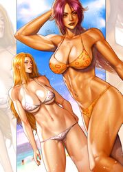 2girls beach big_breasts bikini bleach blue_eyes brown_eyes chocolate_and_vanilla dark-skinned_female dark_skin female_focus female_only hibren legs light-skinned_female light_skin long_hair looking_away looking_to_the_side matsumoto_rangiku ocean orange_hair purple_hair shihouin_yoruichi side_ass sky smile swimsuit thighs rating:Explicit score:49 user:light_shtern