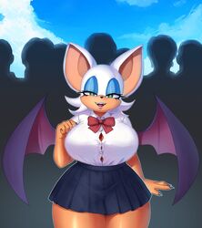  1girls bat bat_ears bat_girl bat_wings big_breasts blue_eyeshadow blue_fingernails busty curvy fangs green_eyes huge_breasts orange_skin painted_fingernails painted_nails rouge_the_bat school_uniform schoolgirl shortstack skirt smiling sonic_(series) sonic_the_hedgehog_(series) thick_thighs thighs waken_art white_fur  rating:questionable score: user:private_geek