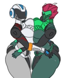 2girls ass ass_grab big_breasts breast_squeeze breasts clothed female_only fortnite fortnite:_battle_royale helmet looking_at_viewer paradigm_(fortnite) saidra singularity_(fortnite) symmetrical_docking thick_ass thick_thighs thighs rating:Explicit score:35 user:Parababe