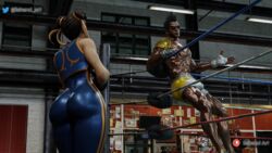 1boy 1girls 3d big_ass big_breasts boxing capcom chun-li chun-li_(fortnite) cute_face dark-skinned_male dark_skin diego_(doa) epic_games eskandart female fortnite gym innocent looking_at_viewer muscular muscular_female skin_tight street_fighter stretching tagme twin_buns rating:Explicit score:70 user:EskandArt