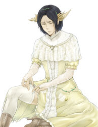 black_hair blush bridal_gauntlets closed_eyes crossdressing dark_souls dark_souls_3 dusk_of_oolacile_(cosplay) embarrassed femboy fromsoftware fully_clothed garter_straps hair_ornament headgear headwear high_heel_boots lace male male_only orbeck_of_vinheim solo thighhighs white_legwear white_thighhighs rating:Questionable score:6 user:deleted7012