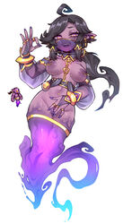 1other :d ahoge arabian_clothes armlet bare_shoulders black_hair breasts chains clitoris clothing_request collarbone colored_skin desert_spirit earrings fangs female genie gold_jewelry highres jewelry jewelry_between_breasts jewelry_only long_hair looking_at_viewer lots_of_jewelry medium_breasts navel_piercing nipple_piercing nipples nyong_nyong ok_sign piercing pointy_ears ponytail purple_eyes purple_nails purple_skin pussy pussy_juice reference_inset ring smile spread_pussy sweat tattoo terraria veil very_long_hair rating:Explicit score:429 user:bot