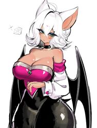 ahoge animal_ears big_breasts blush choker cleavage green_eyes humanized large_breasts rouge_the_bat simple_background sonic_(series) thick_thighs usa37107692 white_background white_hair wide_hips wings rating:Questionable score:201 user:Dreak_Erik