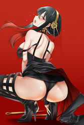 1girls ass assassin backless_dress black_hair black_panties blades blush breasts cameltoe dress from_behind gradient_hair headband heels high_heels looking_at_viewer looking_back minidress painted_nails panties rapa00pa red_background red_eyes sideboob spy_x_family squatting stiletto_(weapon) thighhighs thighs thorn_princess weapon weapons yor_briar rating:Questionable score:114 user:AbsoluteTerritory