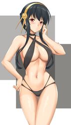 arciealbano assassin black_hair blush breasts female female_only light-skinned_female light_skin long_hair red_eyes solo_female spy_x_family sweat swimsuit thorn_princess yor_briar rating:Questionable score:89 user:Redguy72.0