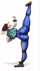 bodysuit brown_hair capcom chun-li female fully_clothed kicking krezniverse large_ass leg_up muscular_female shoes spiked_bracelet street_fighter street_fighter_alpha vest rating:Explicit score:59 user:Mang