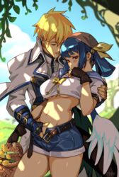 1boy 1girls alternate_costume arc_system_works asymmetrical_wings bangs basket belt blonde_hair blue_hair blush breasts canon_couple closed_eyes clothing couple covering_mouth crop_top denim denim_shorts dizzy_(guilty_gear) eyes_closed female fingering fingerless_gloves flower gloves groin guilty_gear hand_under_clothes hand_under_shorts hetero husband_and_wife ky_kiske male midriff navel open_fly optionaltypo outdoors red_eyes sailor_collar shade short_shorts shorts stomach straight thighs twintails typo_(requiemdusk) unbuckled underboob undone_belt unzipped wings rating:Questionable score:174 user:vagabond512