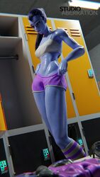 1girls 3d blue_skin changing_clothes clothed_female clothes clothing eyeshadow female female_only fully_clothed gym gym_clothes gym_shorts locker_room long_hair muscular muscular_female overwatch ponytail purple_hair shorts socks solo sports_bra standing striped_legwear striped_socks studioaberration sweat sweatdrop sweating sweaty sweaty_body tattoo toned widowmaker workout_clothes rating:Safe score:174 user:Bob_the_Guy