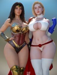 2girls 3d abs absurd_res anya_(rudefrog) barely_clothed barely_covered black_hair blonde_hair blue_eyes boob_window breasts cape cleavage dc dc_comics diana_prince exposed_torso female female_only g-string hi_res large_breasts light-skinned_female light_skin looking_at_viewer olive_skin original_character pale-skinned_female panties power_girl power_girl_(cosplay) rude_frog short_hair skimpy skimpy_armor skimpy_clothes slutty_clothing slutty_outfit string_panties superheroine thick thick_thighs thighs thong thong_panties thong_underwear white_g-string white_panties white_thong wide_hips wonder_woman wonder_woman_(series) rating:Explicit score:269 user:WatchTheLanguage