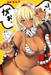 2022 absurdres animal_ears animal_print ayakichi bikini blonde_hair blue_eyes breasts chinese_zodiac dark-skinned_female dark_skin female female fingernails gyaru highres large_breasts looking_at_viewer nail_polish navel original print_bikini smile solo swimsuit tail tiger tiger_ears tiger_print tiger_tail white_tiger year_of_the_tiger rating:Questionable score:33 user:DemonKitty15