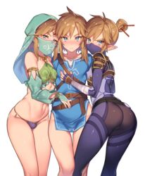 3boys alternate_costume ass balls_in_bodysuit balls_in_panties blonde_hair blue_eyes blush bottomless breath_of_the_wild brown_hair bulge canon_crossdressing champion's_tunic chopsticks crossdressing dual_persona erect_nipples femboy feminine_male gerudo_link gerudo_top gerudo_veil girly hair_bun high_resolution hylian legs link looking_at_viewer male male_only morikoke multiple_boys multiple_persona nintendo nipples open_mouth panties pointy_ears presenting sheikah_link shiny shiny_skin small_bulge small_penis standing stealth_chest_guard stealth_tights the_legend_of_zelda thighhighs tiny_penis trap tubumi veil rating:Explicit score:867 user:Yare-Yare-Daze