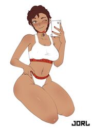 artist_name bleached bleached_clothing brown_eyes brown_hair dark-skinned_female eyebrow_scar jorl luz_noceda phone solo the_owl_house thick_thighs rating:Questionable score:80 user:Fungusgow