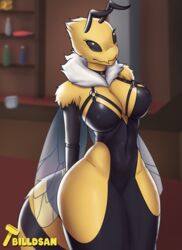  abs anthro athletic_female bee big_breasts big_hips billdsan breasts dress exoskeleton fangs female fur furry furry_tail gym hips insects looking_at_viewer nipples oc pinup render thighs wings yiff  rating:explicit score: user:billdsan