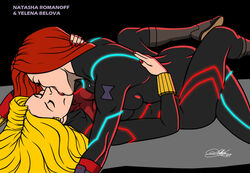 2girls avengers black_widow_(marvel) blonde_hair bodysuit closed_eyes french_kiss kaywest kissing large_breasts long_hair lying marvel marvel_comics natasha_romanoff pale_skin red_hair tongue yelena_belova yuri rating:Explicit score:68 user:theblackfox51