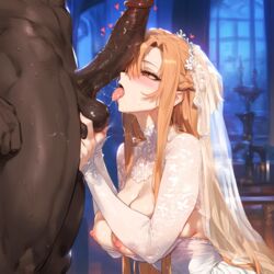 1girl1boy ai_generated asuna_(sao) blowjob breasts cheating cheating_on_wedding_day cuckold dark-skinned_male grabbing_testicles indoors interracial light-skinned_female netorare nipples ntr orange_hair penis_on_face sword_art_online waifulover wedding_dress yuuki_asuna rating:Explicit score:206 user:gamble05555