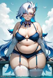  1girls ai_generated arm_sleeves chubby chubby_female fat fat_woman female_focus female_only garter_straps genderswap_(mtf) genshin_impact glasses large_breasts navel neuvillette_(genshin_impact) onyx_tyru plump purple_eyes rule_63 solo stable_diffusion thighhighs thighs two_tone_hair voluptuous white_hair wide_hips  rating:questionable score: user:onyx_tyru