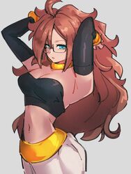 android_21 android_21_(human) arched_back arms_behind_head arms_up blue_eyes breasts brown cleavage dragon_ball dragon_ball_fighterz glasses hair kemachiku large_breasts long_hair pants tubetop rating:Questionable score:82 user:ArtBro