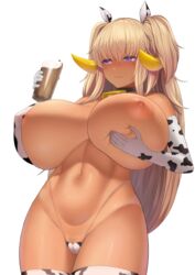 animal_ears animal_print areola_slip areolae bell blonde_hair blonde_pubic_hair blush breast_hold breast_lift breasts chocolate_milk closed_mouth colored_pubic_hair commentary_request cow_ears cow_girl cow_horns cow_print cowbell cowboy_shot dark-skinned_female dark_elf dark_elven_forest_ranger dark_skin deep_skin elf embarrassed female female_pubic_hair from_below grabbing_own_breast highres horns huge_breasts last_origin long_hair looking_to_the_side milo_(drink) navel neck_bell nestle nipples one_breast_out pointy_ears pubic_hair purple_eyes revealing_clothes solo stomach taji_(crowview) thighhighs thighs rating:Questionable score:122 user:DemonKitty15