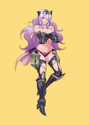 1girls absurdres annoyed armor bad_id bad_pixiv_id breasts broken_armor camilla_(fire_emblem) cirenk commission covering_breasts covering_privates elbow_gloves female female female_only fire_emblem fire_emblem_fates full_body gloves greaves hair_over_one_eye high_heels highres large_breasts long_hair looking_at_viewer navel nintendo panties photoshop_(medium) purple_gloves purple_hair solo stomach tiara topless torn_clothes torn_legwear underwear very_long_hair wavy_hair yellow_background rating:Questionable score:36 user:kris923