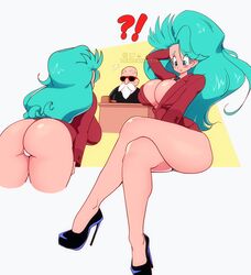 1boy 1girls ass blue_eyes blue_hair breasts bulma_briefs bulma_briefs_(post_saiyan_saga) cleavage crossed_legs dragon_ball dragon_ball_z female female_focus high_heels high_resolution large_breasts lunaexhabbitix master_roshi panties short_skirt sitting skirt thighs underwear upskirt very_high_resolution wide_hips rating:Questionable score:167 user:MegaPint