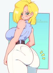 1girls android_18 ass big_ass big_breasts big_butt blonde_hair blue_eyes blush blush_lines blushing dragon_ball dragon_ball_super dragon_ball_z fat_ass female female_only large_ass large_breasts looking_at_viewer looking_back lunaexhabbitix milf pants solo solo_female solo_focus thick_ass thick_thighs thunder_thighs wide_hips rating:Questionable score:108 user:HughthyDerg