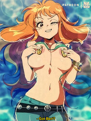 1girls areolae big_breasts bikini_top bikini_top_lift bluethebone blush breasts brown_eyes coins curvy female female_only grin jeans log_pose long_hair looking_at_viewer lying_down lying_in_water money nami navel nip_tease nipple_play nipple_rub nipples on_back one_piece orange_hair retro_artstyle rubbing_nipples seductive shounen_jump slim slim_waist solo water wink rating:Explicit score:331 user:lespam_605