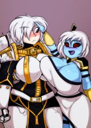 2girls alien_girl blue_skin gigantic_breasts o'pai_(aquaterrius) original_character red_eyes sexualyeti sister_charity sister_of_battle tau warhammer_(franchise) warhammer_40k white_hair rating:Questionable score:103 user:marvyn