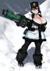 black_eyes black_hair breasts clothed clothing fur fur_boots fur_hat gigantic_breasts grenade_launcher hat huge_breasts imperial_guard large_breasts mole sexualyeti snow warhammer_(franchise) warhammer_40k rating:Explicit score:51 user:marvyn