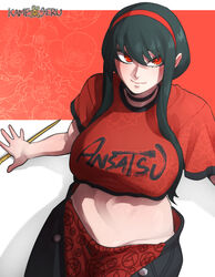 1girls absurd_res archway_of_venus artist_name assassin black_choker breasts choker closed_mouth clothing cropped_shirt eyelashes eyeliner female female_solo green_hair hairband hi_res kameseru large_breasts light_blush light_smile lips long_hair long_sidelocks looking_at_viewer looking_up makeup midriff nose red_background red_eyes red_hairband red_shirt shirt short_sleeves sidelocks simple_background smile spy_x_family stiletto_(weapon) text_on_clothing thorn_princess tied_hair two-tone_background viewed_from_above white_background yor_briar rating:Questionable score:100 user:WatchTheLanguage