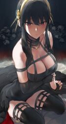 1girls assassin black_hair blush breasts cleavage clothing curvaceous curvy dress female hews_hack large_breasts red_eyes skull spy_x_family sweat thighhighs thorn_princess yor_briar rating:Safe score:345 user:crazybaby