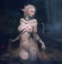 blonde_hair breasts brown_dress cowboy_shot dark_souls dress dusk_of_oolacile female female_pubic_hair fromsoftware gloves hair_ornament highres implied_penetration large_breasts long_dress long_hair natthelich navel nipples one_eye_closed painting_(artwork) parted_lips pointy_ears pubic_hair river skirt_hold solo standing tentacle tentacles_under_clothes wading water waterfall white_gloves rating:Explicit score:184 user:bot